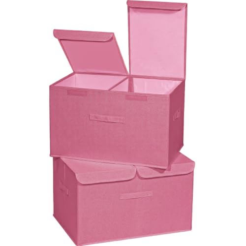 Image of 2 Pack Storage Boxes with Lids and Handles, Collapsible Linen Storage Bins Organizer Containers Baskets Cube with Removable Divider for Home Bedroom Closet Office (Pink, XL)