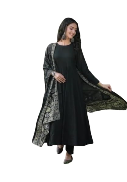 Rayon Plain Anarkali Kurti Set with Pant and Dupatta, Black, Chanderi Cotton Dupatta, Fully Stitched, Size M-L-XL