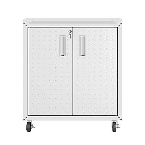 Image of Manhattan Comfort Fortress Rolling Garage Storage Cabinet with 2 Adjustable Shelves, Lockable Metal Tool Compartment, Heavy-Duty Mobile Utility Organizer with Wheels, White