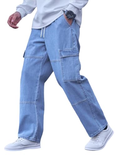 Oanviso Jeans de Ajuste Relajado de Hombre Cargo Pantalones Vaqueros Holgados Denim Jean Y2K Hip Hop Pantalone con Bolsillos Elasticos Pantalón B Azul Claro 3XL