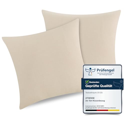 ATsense 2er Set Kissenbezug 40x40 cm - 100% Gewaschene Baumwolle Hypoallergenes Kissenbezüge, Hell Taupe Kopfkissenbezug mit Reißverschluss, ÖKO-TEX Zertifiziert, Weich und Atmungsaktiv