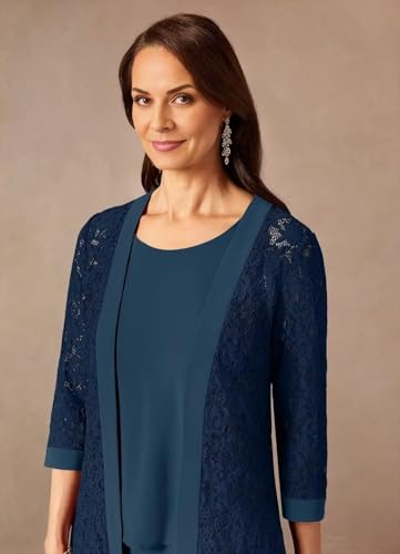 Chiffon Mother of The Bride Pantsuits with Jacket Lace 3/4 Sleeve Formal Pant Suits for Wedding Guest KW0094