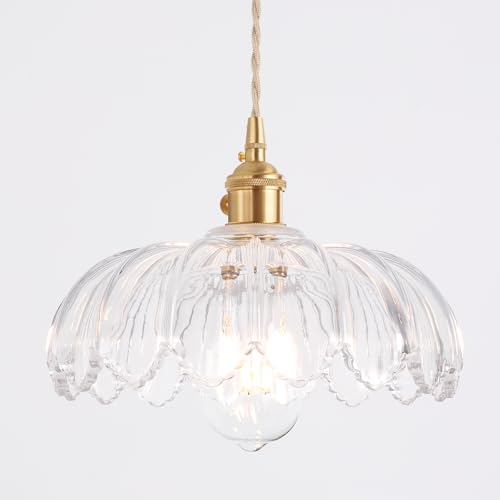 Image of Shenmoyl Pendant Light with Clear Scindapsus Glass Lmapshade, Brass Vintage Pendant Light Adjustable Hanging Light for Kitchen Island Dining Room Hallway