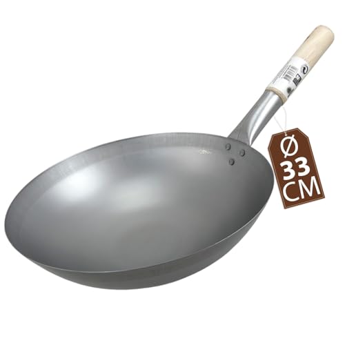 JADE TEMPLE Wok aus Carbonstahl, mit rundem Boden und 33 cm Durchmesser, mit rundem Holzgriff, 56 x 35 x 25.5 cm, Grau – Ansicht 1