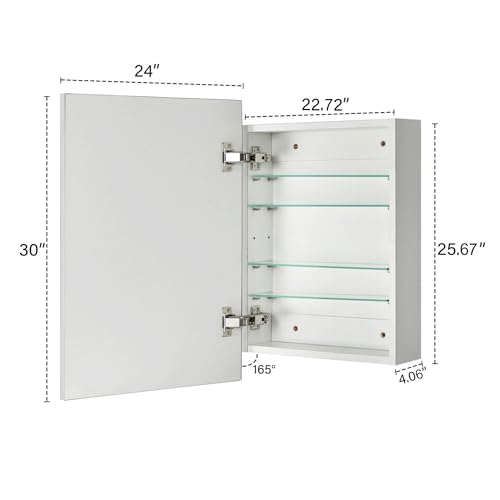 Image of TEHOME 24'' x 30'' Polished Nickel Recessed and Surface Mount Bathroom Medicine Cabinet with Mirror Square Cornered Metal Framed Rounded Rectangle Medicine Cabinet Mirror
