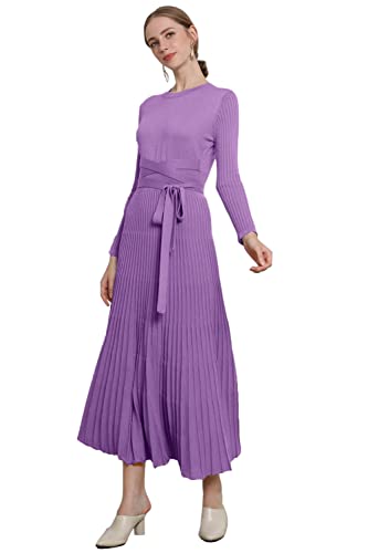 Image of Women's Long Knit Crewneck Sweater Dress Tie Waist A-Line Swing Pleated Bodycon