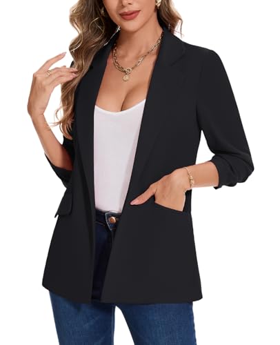 MINTLIMIT Blazer for Women Open Front 3/4 Ruched Sleeve Suit Jacket Notched Collar Casual Work Office Blazers with Pockets4