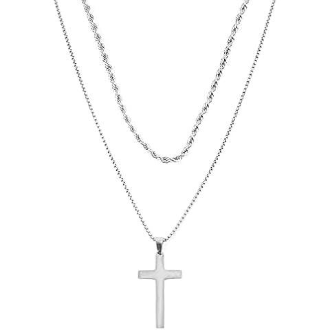 Framendino, Cross Necklaces for Men Silver Stainless Steel Cross Layered Cross Pendant Cross Chain Layered Rope Chain Jewelry Gifts Necklace for Men Women Girls Cover