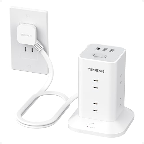 電源タップ タワー型 薄型プラグ 延長コード 1m 8個AC コンセント 3USBポート付き 180°スイングプラグ TESSAN テーブルタップ たこあしコンセント タコ足配線 マルチ OA 雷ガード 一括スイッチ 省エネ mini型
