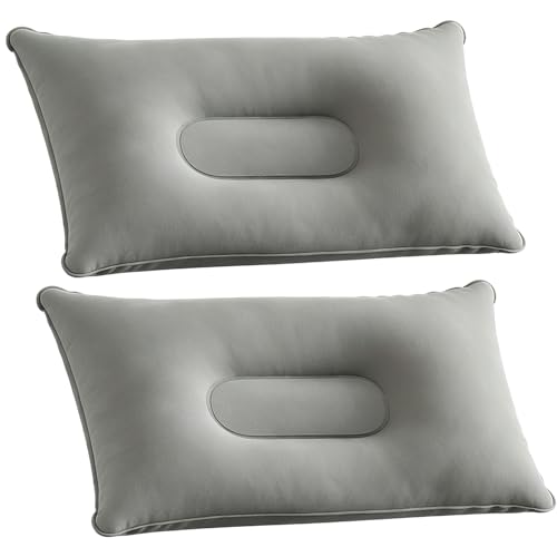 Dogxiong 2 Pack Ultralight Inflatable Pillow Small Squared Flocked Fabric Air Pillow Beach Pillow for Hiking/Camping/Traveling/Napping/Desk Rest/Neck Lumbar Support, Gray