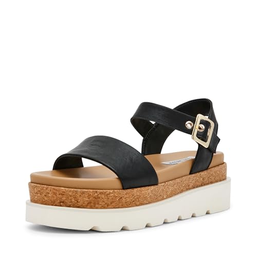 Steve Madden Women's Marissa Wedge Sandal, Black Leather, 6.5 UK