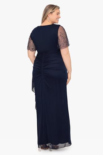 Xscape Women's Plus Sheer Matte Jersey Maxi Dress with Beaded Sleeves and Side Ruching2