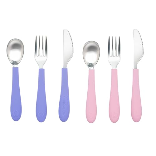 Image of Kids Stainless Steel Utensils Set - Premium 18 /8 Grade Silverware Kit - 2 Spoons, 2 Forks, and 2 Knives for Ages 4-7 - Silicone Easy-Grip Handles - Children Flatware Cutlery (Bright - Purple, Pink)