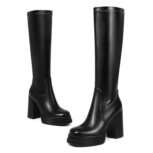Women's Black Platform Knee High Boots Womens High Chunky Heel Square Toe Stretchy Platform Long Boots Shoes for Women(not for wide calf)3