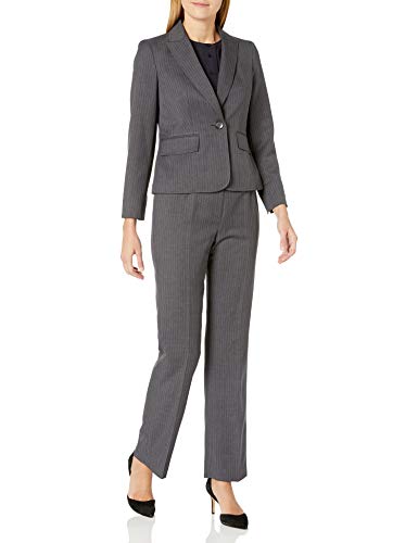 Le Suit Women's 1 Button Peak Lapel Wide Dotted Stripe Pant Suit, Slate, 10