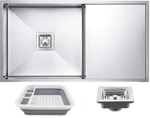 Image of EVANEX Kitchen Sink with Drain Board 45x20x10 Inch | Handmade Sink for Kitchen Single Bowl | 304 Grade Stainless Steel Sinks with Matt Finish Waste Pipe, Coupling & Heavy Fruit Basket