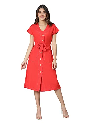 Image of oxolloxo Women Cotton Shirt Regular Sleeves Solid Party Dress