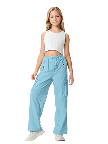 Image of HENGAO Girls Cargo Pants Parachute Casual Jogger Y2K 5-14 Years | Kids Baggy pants Parachute, Drawstring, with Pockets, Elastic High Waist, Loose Trousers Streetwear
