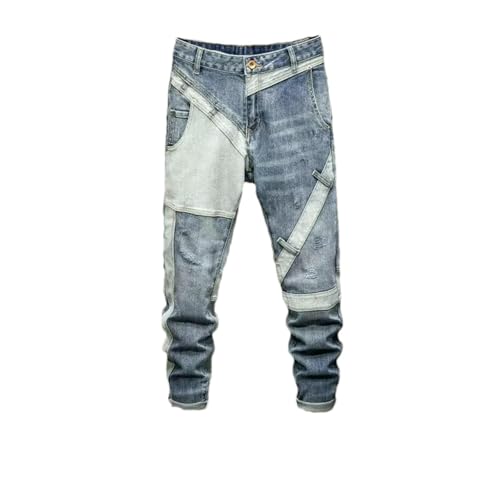 Mens Jeans Retro Blue Spliced Designer Elastic Slim Ripped Jeans Men Vintage Trousers Hip Hop Denim Pants - Main Image