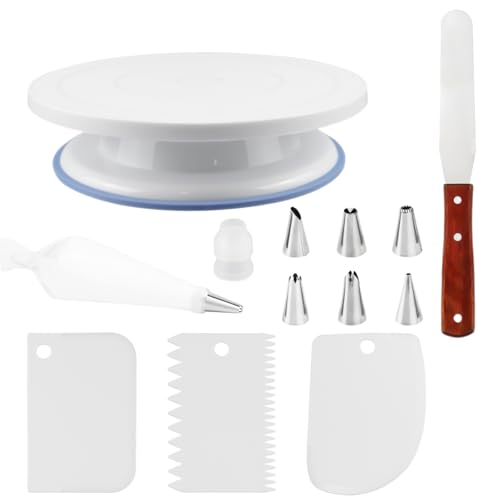 Vexran Bandeja giratória para bolos, suporte para bolos com 7 bicos, espátula, manga de pastelaria e raspador para bolos, prato giratório para assar e decoração de bolos