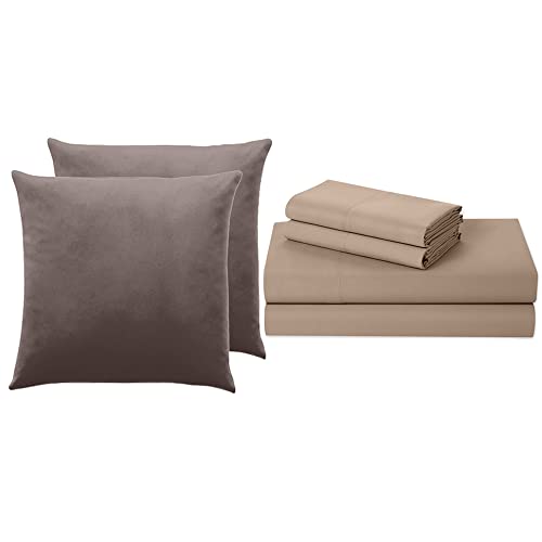 Lalaloom Velvet Throw Pillow Covers Set Of 2 And Bed Sheets 4 Piece Set, Throw Pillowcases Size 16X16 In Taupe, Bed Sheet Size Queen In Taupe, Breathable Microfiber, 2 Item Bundle #TOP5