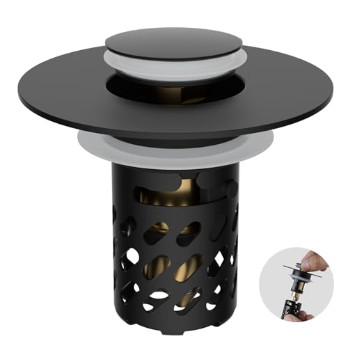 iFealClear Universal Metal Bathroom Sink Stopper, Pop Up Sink Drain Strainer with Removable Stainless Steel Hair Catcher Filter Basket, Fits for 1.1"-2.36" Basin, Brass Bounce Core, Matte Black by iFealClear - Used condition - CA$10.17