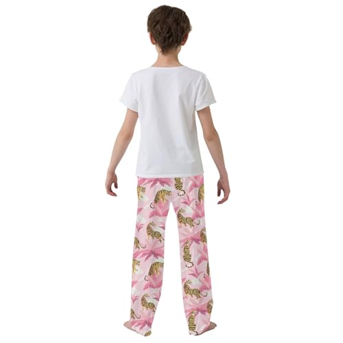 Tiger Pink Palm Tree Boys Long Pants Soft Trousers Elastic Waist Kids Lounge Bottoms with Pockets S-XL3