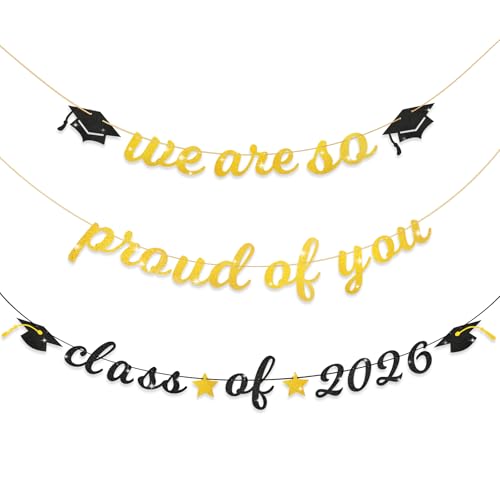Image of Graduation Banner, Class of 2026 Pre-Strung Black Gold Glitter Banners We Are So Proud of You Graduation Garland for Congratulation Graduations School Home Party Decorations