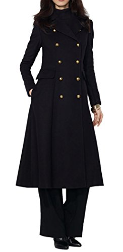 Women's Fashion Black Lapel Double Breasted Slim Wool Pea Maxi Long Trench Coat L
