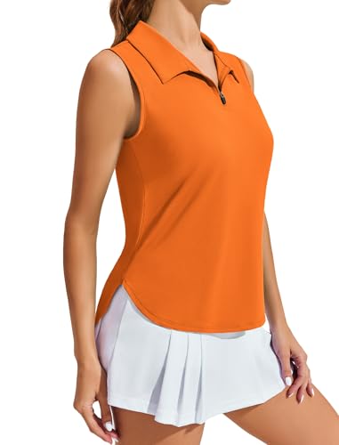 Image of PINSPARK Women Golf Shirts Sleeveless UPF 50+ Tennis Polo V-Neck Quick Dry Athletic T Shirt 1 /4 Zip Collar Workout Tank Top