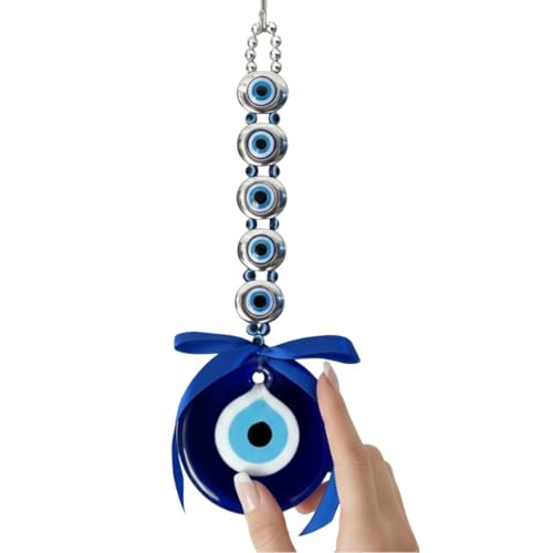Image of Blue Beads Evil Eye Wall Hanging Amulet - Turkish Blue Nazar Protection Charm with Beads & Bow - Home Decor Talisman for Good Luck & Protection - Handmade Glass Ornament for Door, Office, Car or Gift