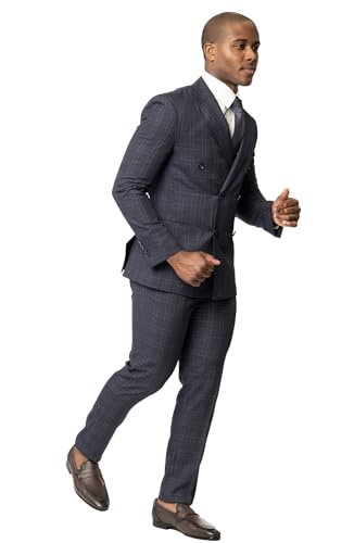 Slim Fit Double Breasted 2 Button Peak Lapel Plaid Men's Suit 23113