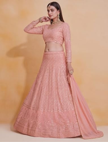 Image of JIHU CULTURE Georgette Sequence Lucknowi Embroidery Work Semi sttiched Lehenga choli set for women