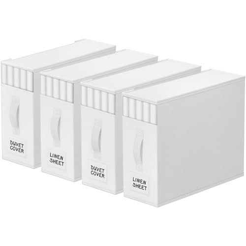 Image of StorageTastic 4 Pack Bed Sheet Closet Organizers and Storage,Sturdy Foldable Storage Containers with Window and Label,Storage and Organization for Bedding Sheets,Duvet Covers,Blankets (White)