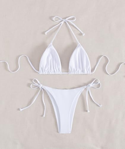 Image of Tainehs Women's Sexy Halter Thong Bikini Tie Two Sides Bottom Triangle Bikini Swimsuits