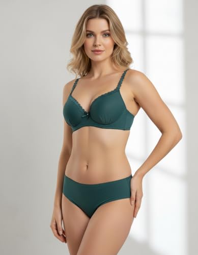 Image of M R Shopzilla Women's Underwire Premium Lycra Silk Bra and Panty Set - Seamless T-Shirt Bra with Matching Mid-Rise Panty - Smooth, Stretchable Lingerie Set for Everyday Comfort & Style