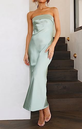 Image of MEROKEETY Women's Summer Satin Strapless Bodycon Dress 2026 Backless Tube Wedding Guest Cocktail Formal Party Maxi Dresses