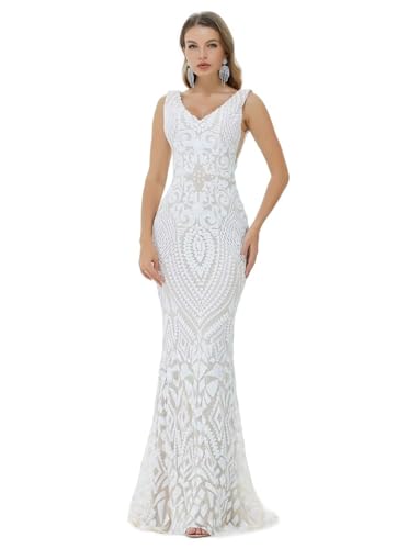 Image of Women's Wedding Bridesmaid Gown Sequined Mermaid V Neck Sleeveless Evening Dress