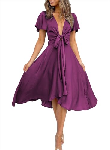 Image of miduo Womens Satin V Neck Ruffle Short Sleeve Tie Front High Waist Midi A-Line Maxi Dresses