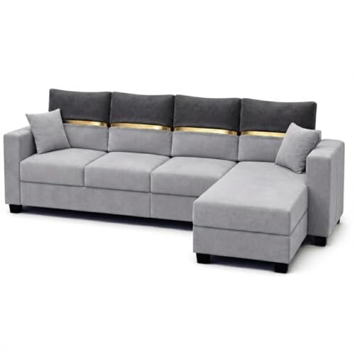 Image of Furny Arvea 5 Seater Fabric RHS L Shape Sofa Set (Light Grey-Dark Grey) | Soft Velvet Fabric | Modern Design | Comfortable Seating | Living Room Furniture
