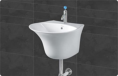 Image of Wash Basin Wall Hung Mounted Glossy Finish White Sink for Bathroom (16 x 16 x 10 Inch)
