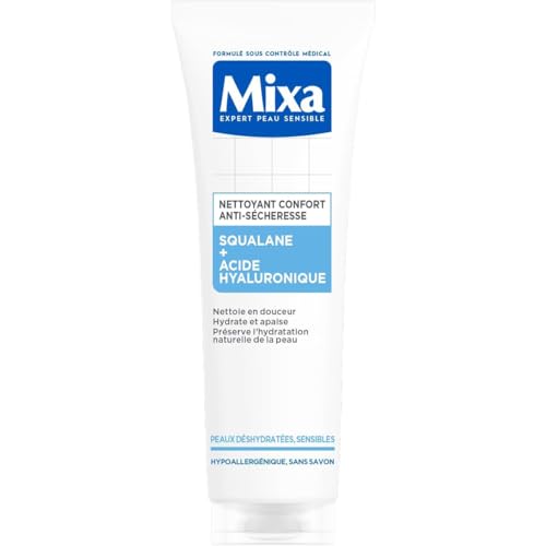 Mixa – Nettoyant Confort Anti-Sécheresse au Squalane et Acide Hyaluronique – Peaux Déshydratées et Sensibles – Soin du Visage Hydratant Protecteur – Démaquillant Peau Sèche – 150 ml