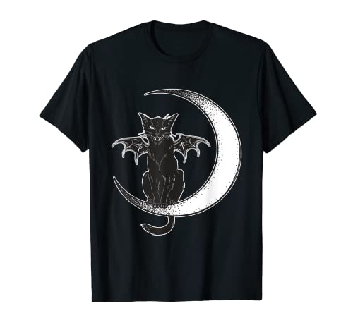月のホラーアートのオカルトかわいいゴシック猫の翼 Tシャツ