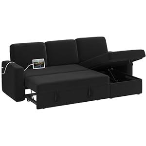 Yaheetech Sectional Sofa L-Shaped Sofa Couch Bed w/Chaise & USB, Reversible Couch Sleeper w/Pull Out Bed & Storage Space, 4-seat Fabric Convertible Sofa, Pull Out Couch for Living Room Black