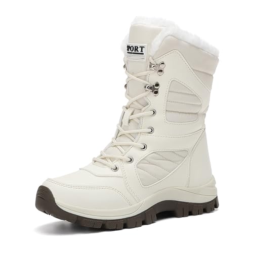 Womens Waterproof Lace-Up Winter Snow Boots Comfort Warm Fur Lined Lightweight Non-Slip Platform Mid-Calf Booties For Travel Work