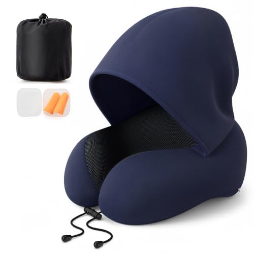 Hemompito Neck Pillow with Blackout Hood, Travel Pillow for Airplane, Ergonomic Memory Foam, Adjustable Buckle Strap, Breathable & Detachable Modal Cotton Pillowcase, Ideal for Traveling, Office Naps - image 1