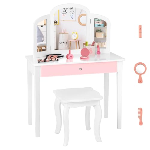 Olakids Kids Vanity Set, 2 in 1 Wooden Princess Makeup Table and Chair with Tri-Folding Detachable Mirror Storage Drawer for Girls, Toddler Dressing Desk Pretend Beauty Play Set Toy Gift (White)
