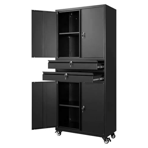 Image of Yizosh Metal Garage Storage Cabinet with Locking Doors and Adjustable Shelves, 74 inch Rolling Tool Storage Cabinet with 4 Wheels and 2 Drawer for Garage,Warehouse