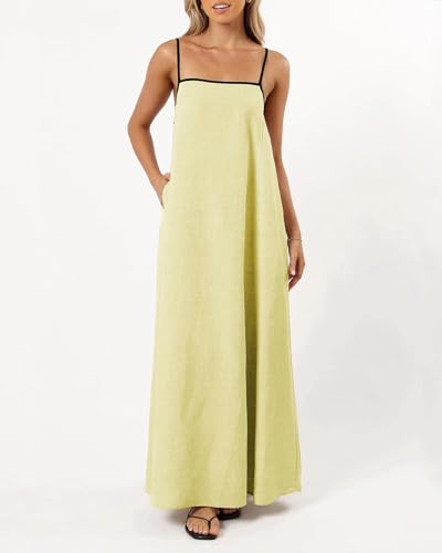 Image of Senllen Women's Linen Dress Summer Loose Flowy Sundress Contrast Spaghetti Strap Sleeveless Backless Beach Maxi Long Dresses