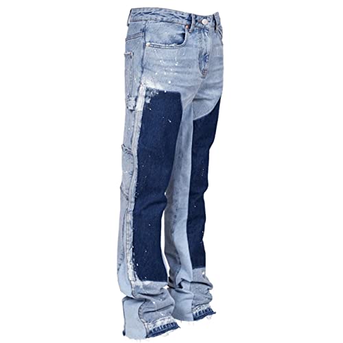 Maiyifu-GJ Men's Distressed Patchwork Stretch Jeans Slim Fit Straight Leg Denim Pants Retro Washed Patches Jean Trousers4